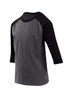 A grey and black kids' 3/4 raglan sleeve T-shirt with a simple design and a logo on the front.