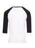 A 3/4 raglan sleeve T-shirt featuring a white body and black sleeves, with a logo visible.