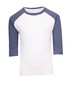 A kids' 3/4 raglan sleeve T-shirt with a white body and navy sleeves, featuring a logo.