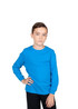 A bright blue long sleeve T-shirt for kids, featuring a crew neck design and a plain finish.