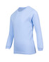 A light blue long sleeve T-shirt for kids, featuring a simple design and a logo.