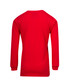 A red long sleeve T-shirt with a smooth back view, featuring fitted sleeves. It has a logo on the back.