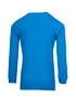 A blue long sleeve t-shirt for children with a plain design and a logo on the back.
