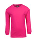 A pink long sleeve T-shirt with a round neck and a logo on the label.