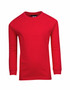 A red kid's long sleeve T-shirt with a round neckline and a brand logo inside the collar.