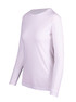A white long sleeve T-shirt with a relaxed fit and raglan sleeves, featuring a logo on the side. A white long sleeve T-shirt with a relaxed fit and raglan sleeves, featuring a logo on the side.