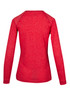 A red heather long sleeve women's t-shirt with a simple back design. It features raglan sleeves and has a logo.
