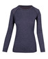 A long sleeve women's t-shirt in heather navy with a fitted design and raglan sleeves. It features a branding logo.