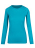 A women's long sleeve T-shirt in heather teal, featuring a simple design and a logo on the front. A women's long sleeve T-shirt in heather teal, featuring a simple design and a logo on the front.