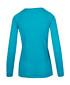 A heather teal long sleeve women's t-shirt with a simple design and a logo on the back.