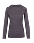 A long-sleeve women's T-shirt in heather grey with a fitted design and raglan sleeves. It has a branding logo. A long-sleeve women's T-shirt in heather grey with a fitted design and raglan sleeves. It has a branding logo.