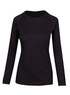 A black long sleeve T-shirt with a rounded neckline and a fitted silhouette, featuring a logo.