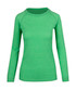A green long sleeve T-shirt with a crew neck and raglan sleeves. It features a logo on the front.