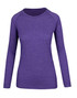 A purple long sleeve T-shirt with a fitted design and a rounded neckline, featuring a logo on the front.