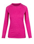 A long sleeve T-shirt in heather pink with a round neckline and a branding logo.