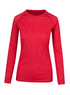 A red long sleeve t-shirt with a heathered texture, featuring a neckline and long raglan sleeves.