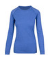 A heather blue long sleeve T-shirt with a crew neck and raglan sleeves. Features a logo.