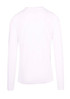 A white long sleeve T-shirt with a simple design and a logo on the back.