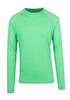 A green long sleeve T-shirt with a crew neckline and raglan sleeves, featuring a logo on one side. A green long sleeve T-shirt with a crew neckline and raglan sleeves, featuring a logo on one side.
