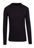 A black long sleeve T-shirt with a crew neckline and raglan sleeves, featuring a logo. A black long sleeve T-shirt with a crew neckline and raglan sleeves, featuring a logo.