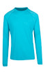 A long sleeve T-shirt in heathered light blue, featuring a rounded neckline and a logo on the front. A long sleeve T-shirt in heathered light blue, featuring a rounded neckline and a logo on the front.