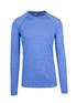 A blue long sleeve t-shirt with a raglan style. It features a logo on the front. A blue long sleeve t-shirt with a raglan style. It features a logo on the front.