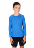 A long sleeve T-shirt in blue, featuring a fitted style and round neckline, worn with black shorts.