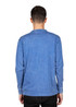 A men's unisex stone wash long sleeve T-shirt in a blue hue, featuring a casual design and a logo on the back.