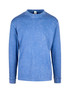 A blue stone wash long sleeve T-shirt featuring a round neckline and cuffs, with a logo on the label.