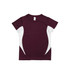 A maroon kids' T-shirt with white side panels and a logo on the front.