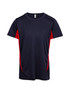 A navy blue and red kids’ T-shirt with short sleeves and a logo. Lightweight, moisture-wicking fabric is featured.