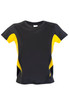 A black and yellow kids' cool-dry T-shirt featuring a sporty design and a logo.