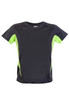 A black and bright green kids' T-shirt with short sleeves, featuring a logo on the front.