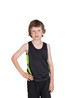 A black and lime green kids' singlet with a sporty design, featuring a logo on the front.