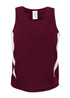 A maroon singlet with white accents and a logo, designed for kids’ activewear.