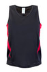 A black and red Kids Accelerator Cool-Dry Singlet featuring a logo on the label.