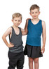 A grey and a blue kids' polyester singlet worn by two children, standing side by side. The singlets have a logo.