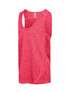 A red children's polyester singlet with a sleeveless design and a logo. A red children's polyester singlet with a sleeveless design and a logo.