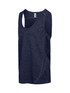 A navy blue kids' singlet made of 100% polyester, featuring a logo and a modern design.