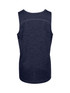 A navy blue kids' singlet made of 100% polyester, featuring a simple back design and a logo.