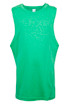 A green tank top with sleeveless design, featuring a logo on the label. A green tank top with sleeveless design, featuring a logo on the label.
