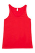 A red men's singlet featuring a simple design and a tag on the inside. A red men's singlet featuring a simple design and a tag on the inside.