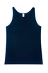 A navy blue singlet with a scoop neck and sleeveless design, featuring a small logo. A navy blue singlet with a scoop neck and sleeveless design, featuring a small logo.
