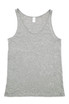 A grey men's American style singlet featuring a scoop neck and no sleeves. Includes a branded label.