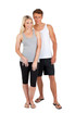 Men's American style singlet in white, paired with a grey tank top, modelled by a man and woman. Both wear casual attire. Men's American style singlet in white, paired with a grey tank top, modelled by a man and woman. Both wear casual attire.