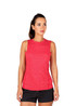 A sleeveless women's tee in heather red, featuring a sporty design and a fitted silhouette. It has a logo. A sleeveless women's tee in heather red, featuring a sporty design and a fitted silhouette. It has a logo.