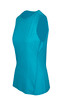 A sleeveless tee in a heathered turquoise colour, featuring a fitted design and an integrated logo.