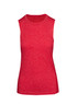 A sleeveless women's tee in a heather red colour, featuring a simple design and a logo. A sleeveless women's tee in a heather red colour, featuring a simple design and a logo.