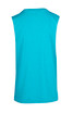 A sleeveless tee in a vibrant turquoise hue, featuring a simple design and a logo on the back.