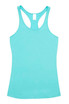 A light turquoise women's T-back singlet with a racerback design. It features a plain style and has a branding logo.